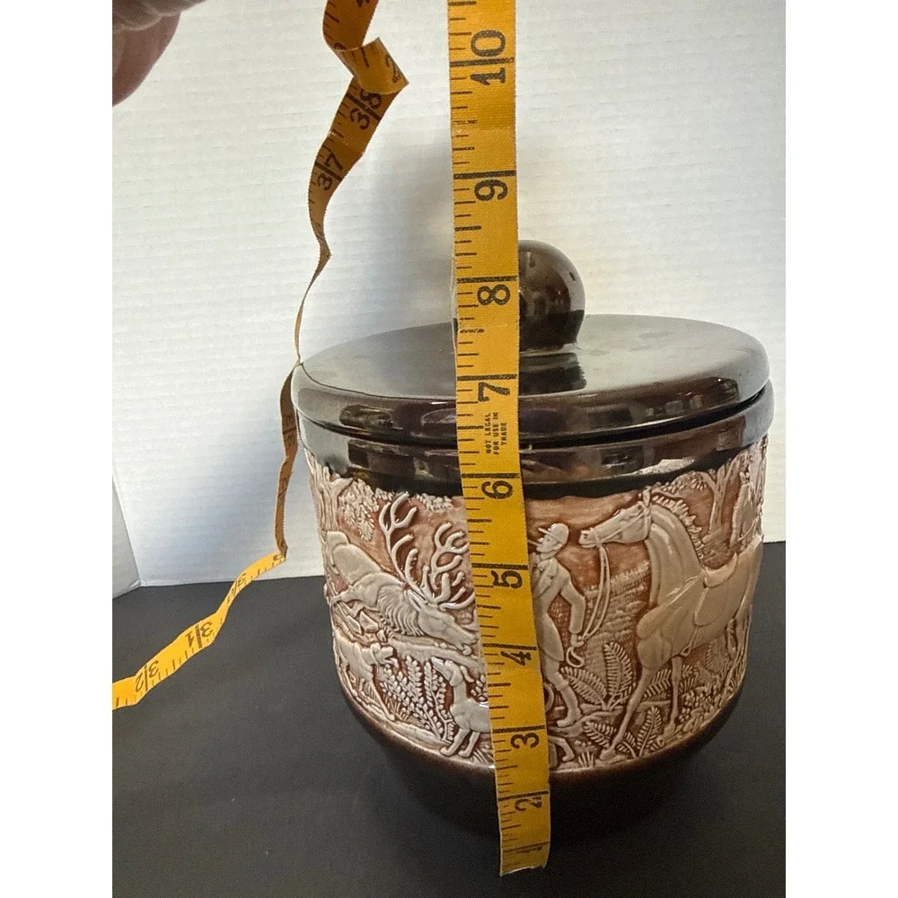 Vintage Fox Hunt Ceramic Cookie Jar Canister Embossed Equestrian Scene Brown